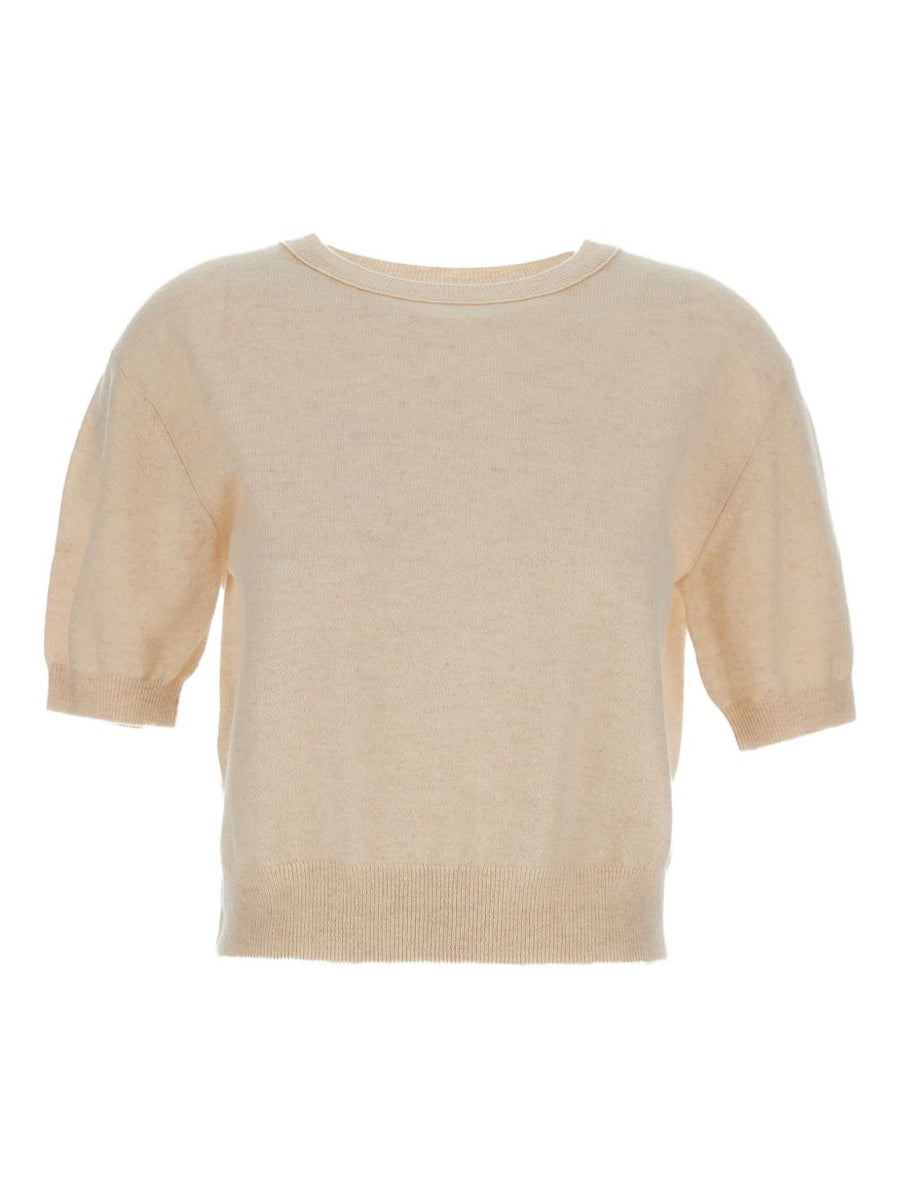 Lisa Yang Genevra Cashmere Top for Women Luxurious Cashmere Crew Neck Ribbed Trim Beige