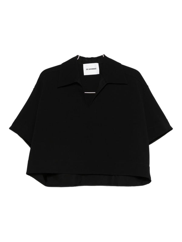 Jil Sander V Neck Cropped Polo Shirt For Women Black Short Sleeves Straight Hem Luxury Top
