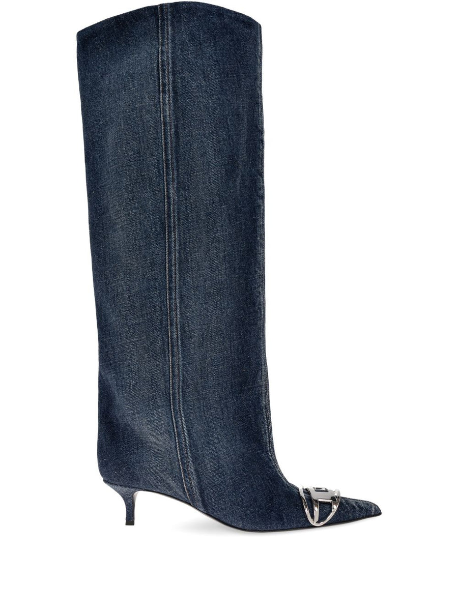 Diesel Knee High Boots Slouchy D Venus Navy Denim Pointed Toe 4cm Heel For Women
