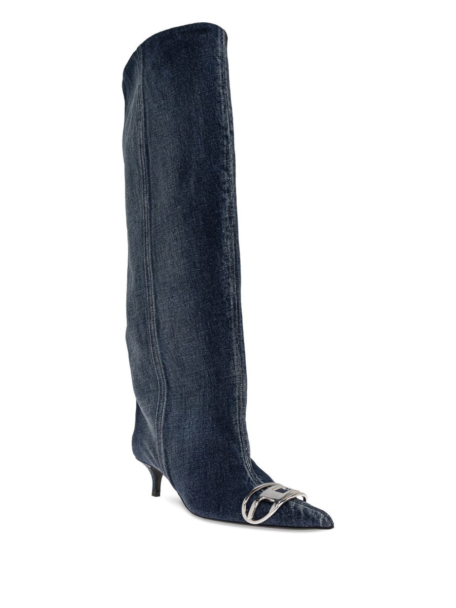 Diesel Knee High Boots Slouchy D Venus Navy Denim Pointed Toe 4cm Heel For Women