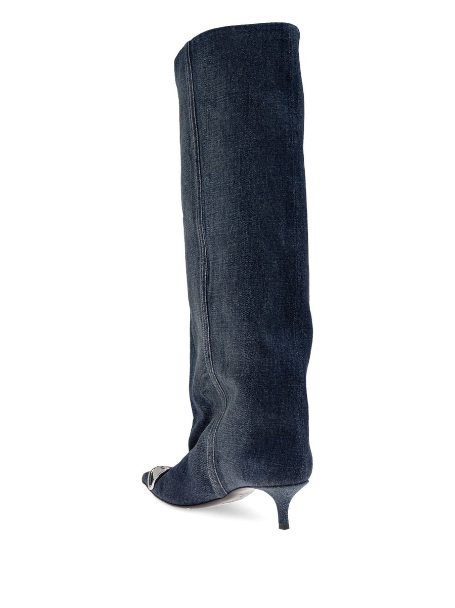 Diesel Knee High Boots Slouchy D Venus Navy Denim Pointed Toe 4cm Heel For Women