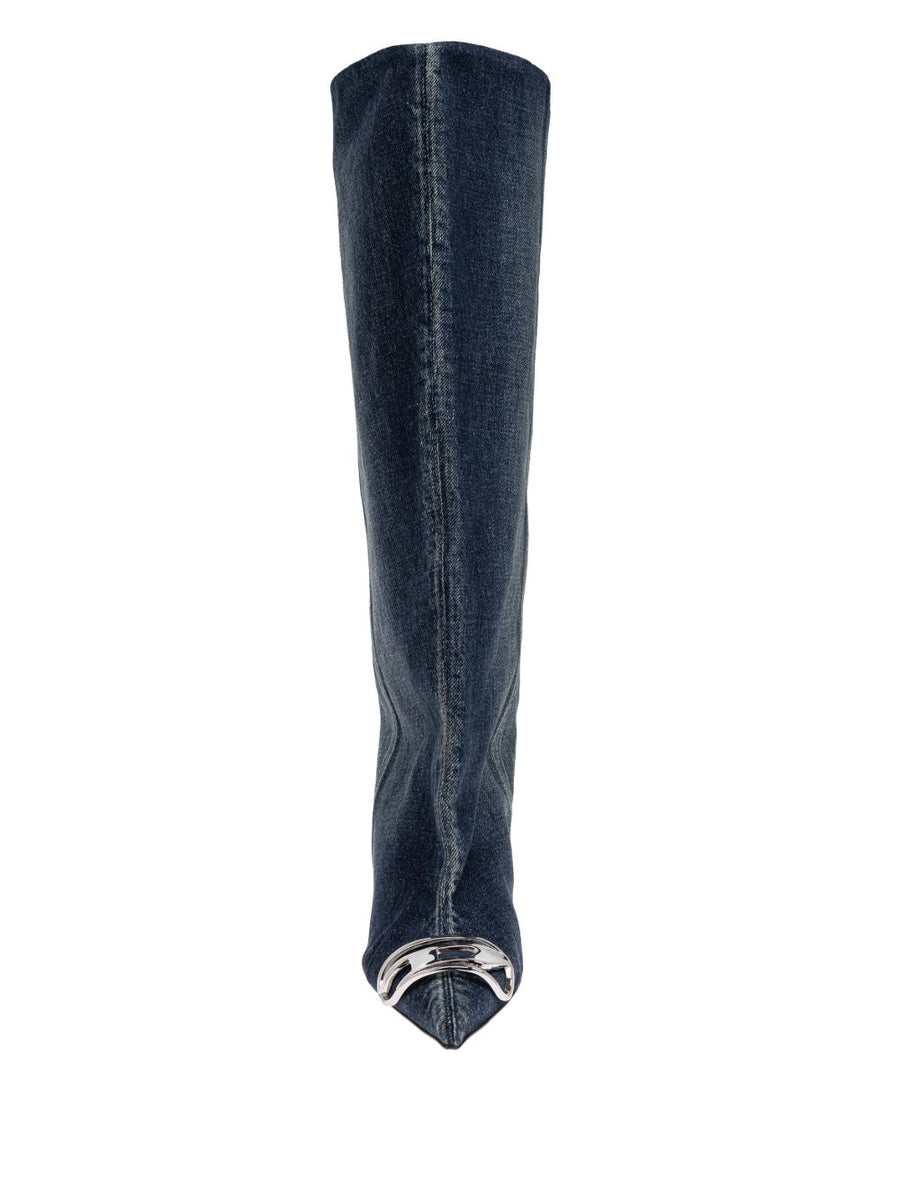 Diesel Knee High Boots Slouchy D Venus Navy Denim Pointed Toe 4cm Heel For Women