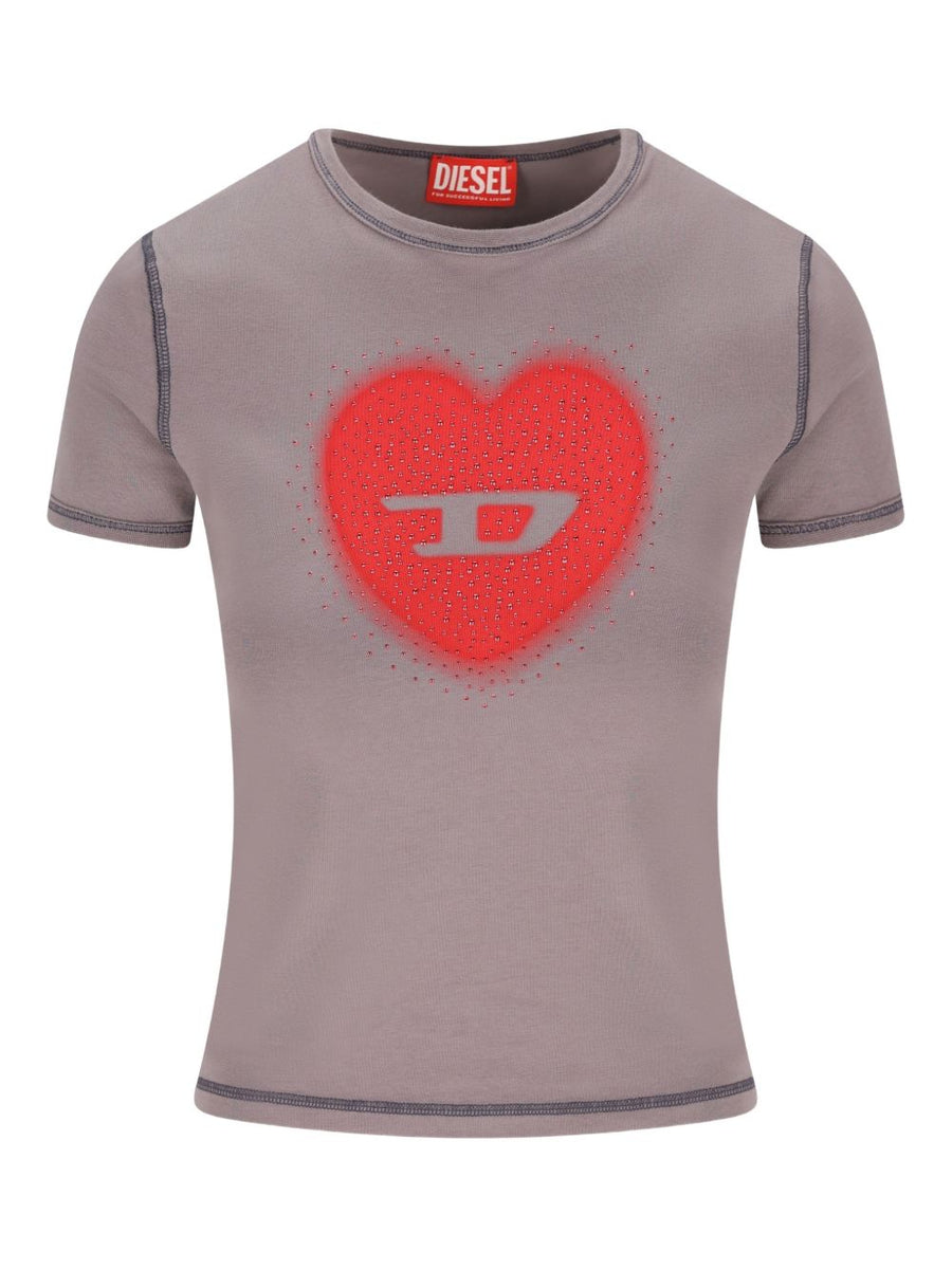 Diesel Heart Cotton T Shirt For Women With Grey Heart Logo Versatile Everyday Casual Comfort