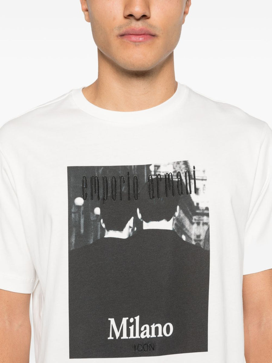Emporio Armani White Graphic Print Cotton T Shirt For Men Luxury 100 Percent Cotton