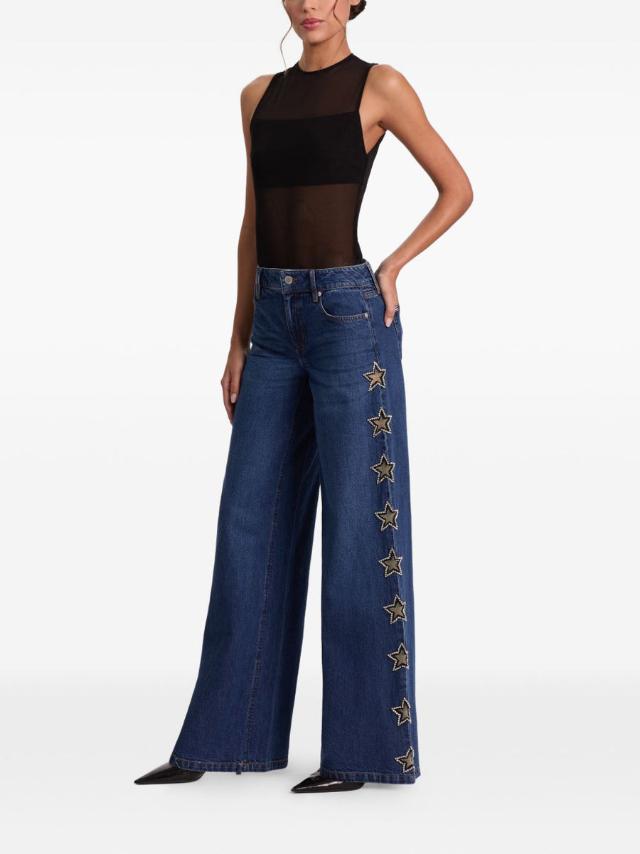 Alice + Olivia Embellished Baggy Jeans For Women Navy One Hundred Percent Cotton With Star Embellishments