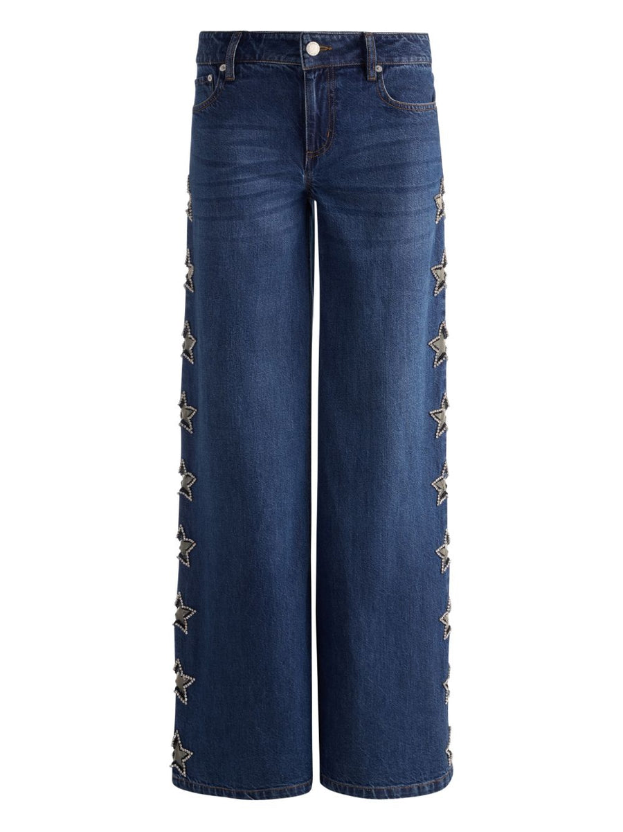Alice + Olivia Embellished Baggy Jeans For Women Navy One Hundred Percent Cotton With Star Embellishments