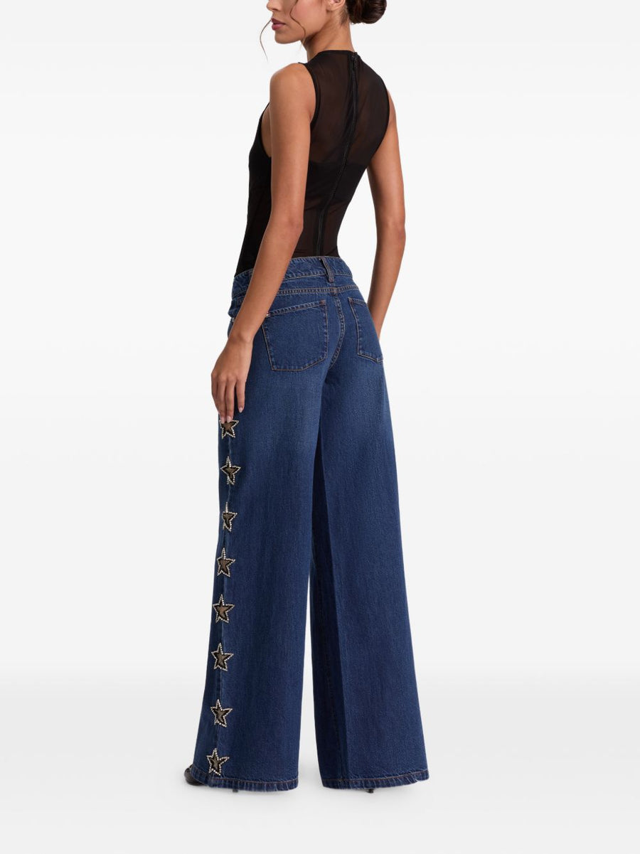 Alice + Olivia Embellished Baggy Jeans For Women Navy One Hundred Percent Cotton With Star Embellishments