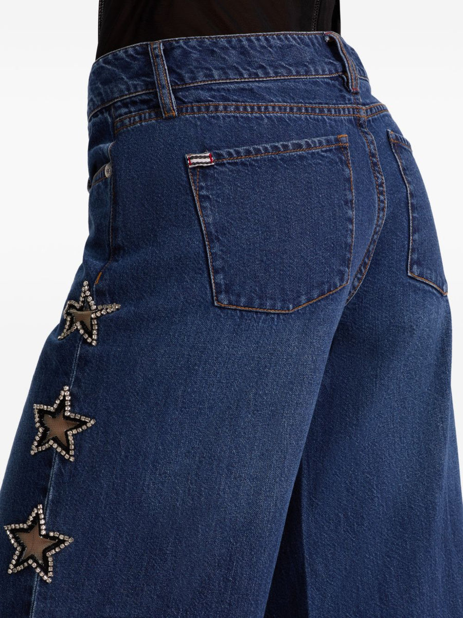 Alice + Olivia Embellished Baggy Jeans For Women Navy One Hundred Percent Cotton With Star Embellishments