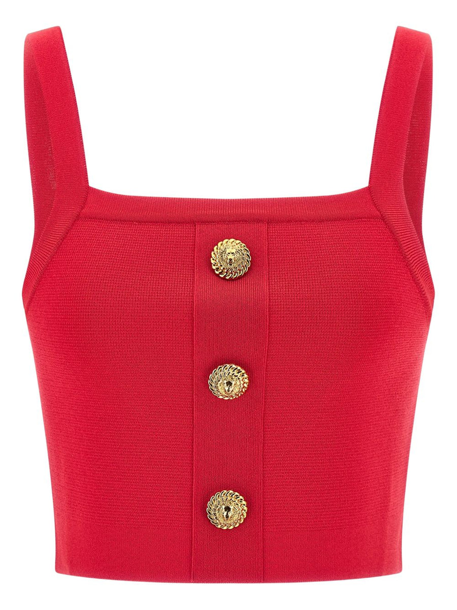 Balmain Knit Bralette Top With Lion Buttons In Fuxia Luxury Square Neckline Topwear For Women