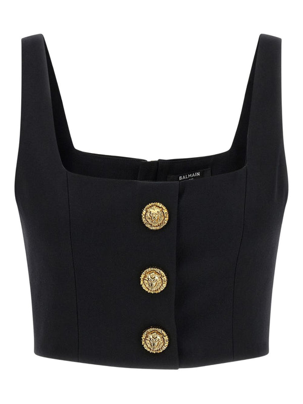 Balmain Cropped Wool Top For Women Luxurious Virgin Wool With Lion Head Buttons And Rear Zip