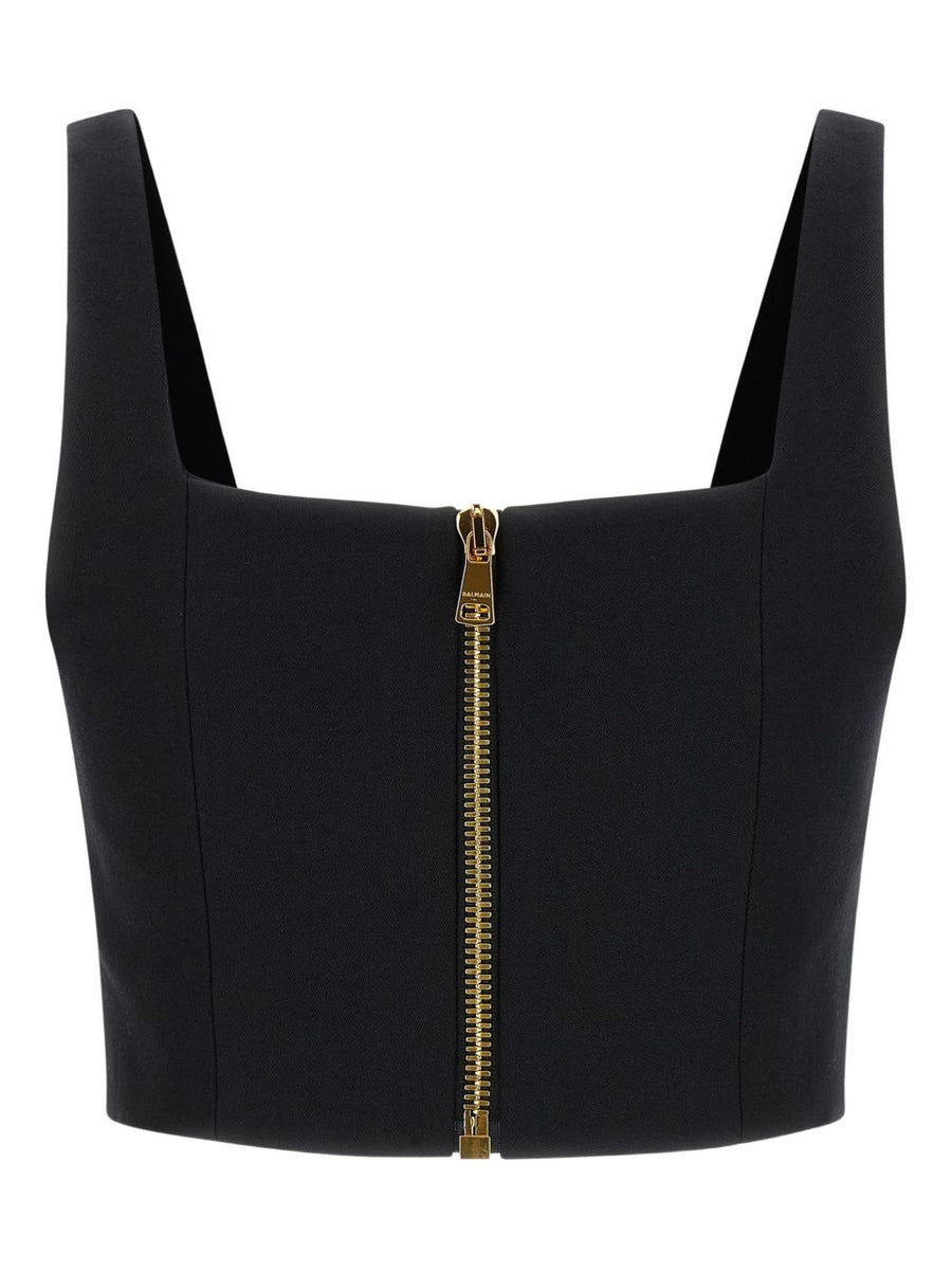 Balmain Cropped Wool Top For Women Luxurious Virgin Wool With Lion Head Buttons And Rear Zip