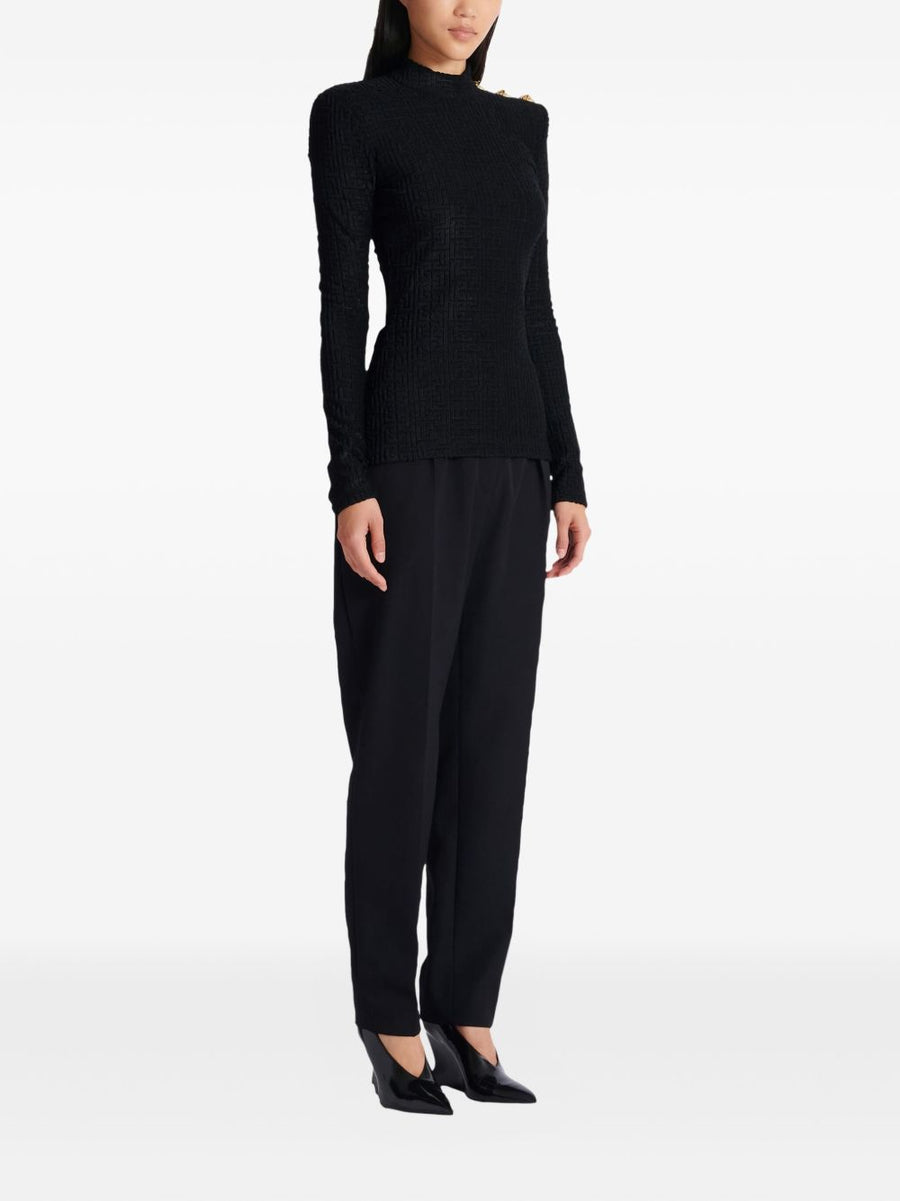 Balmain Monogram High-Neck Top For Women Luxe Bouclette Texture Couture Detailing Versatile Statement Piece