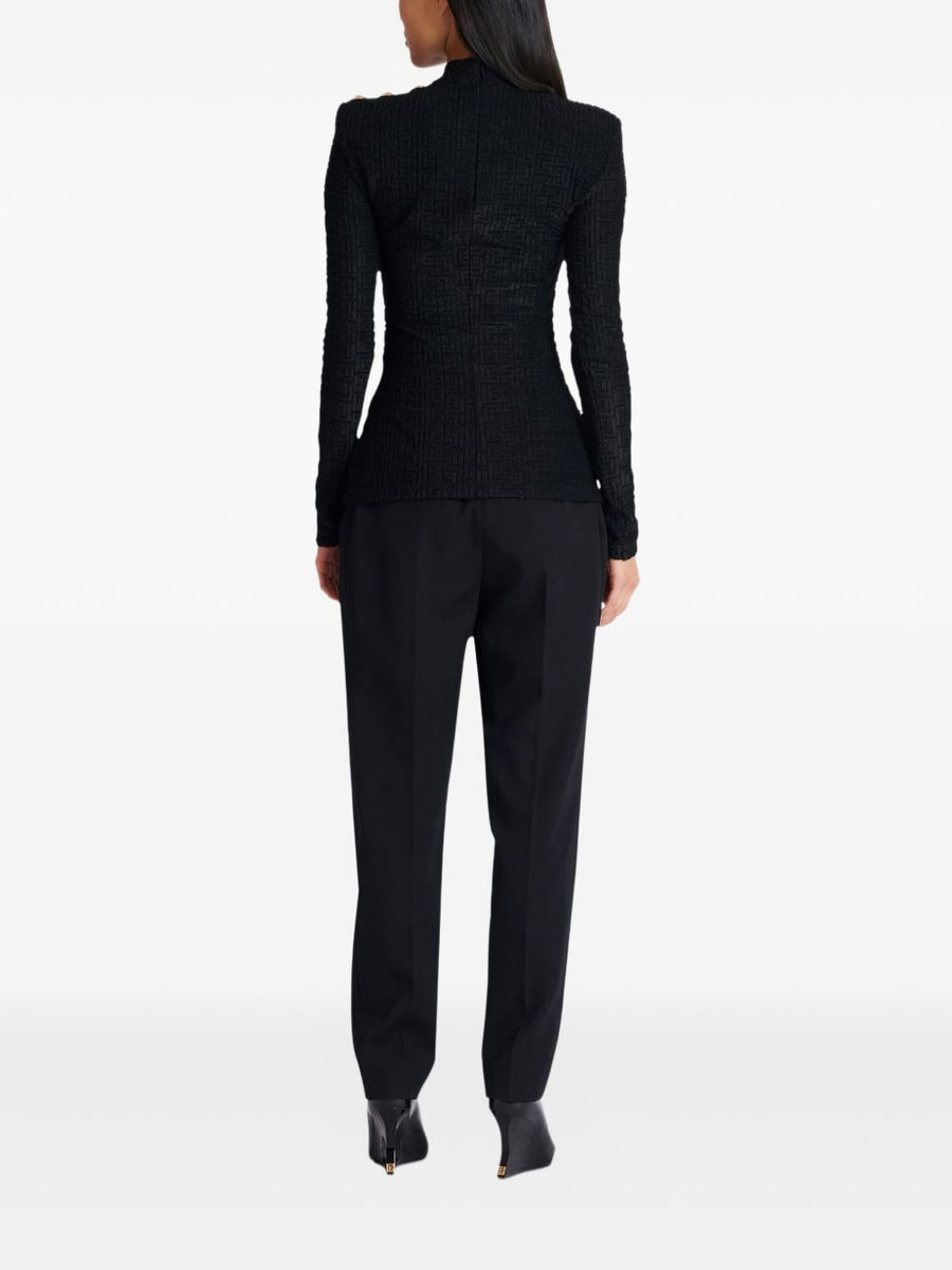 Balmain Monogram High-Neck Top For Women Luxe Bouclette Texture Couture Detailing Versatile Statement Piece