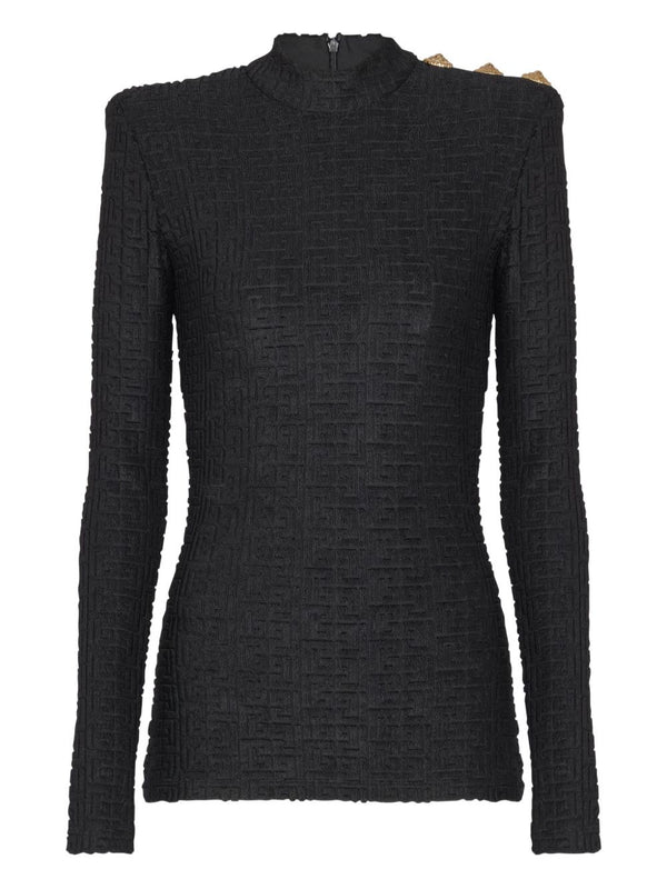 Balmain Monogram High-Neck Top For Women Luxe Bouclette Texture Couture Detailing Versatile Statement Piece