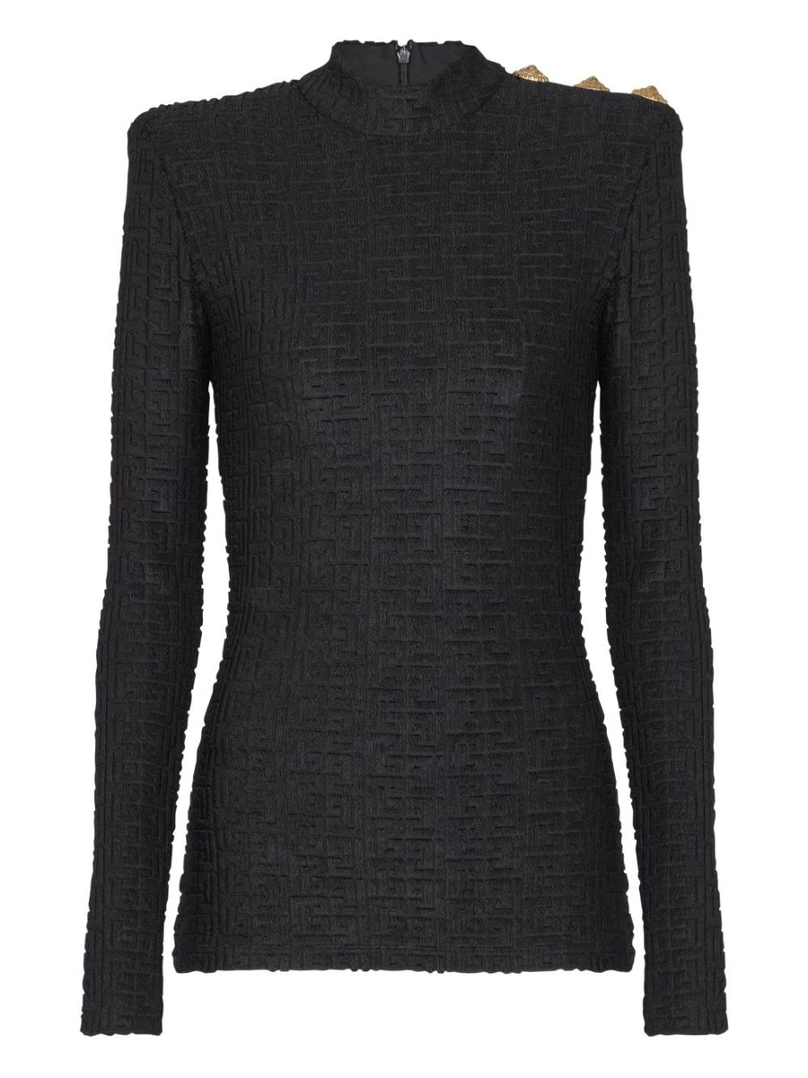 Balmain Monogram High-Neck Top For Women Luxe Bouclette Texture Couture Detailing Versatile Statement Piece