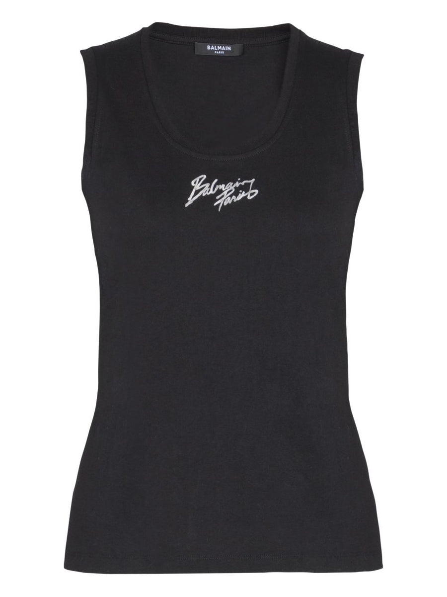 Balmain Logo Cotton Tank Top For Women Organic Black Cotton Round Neck Sleeveless Brush Print Logo Minimal Luxury