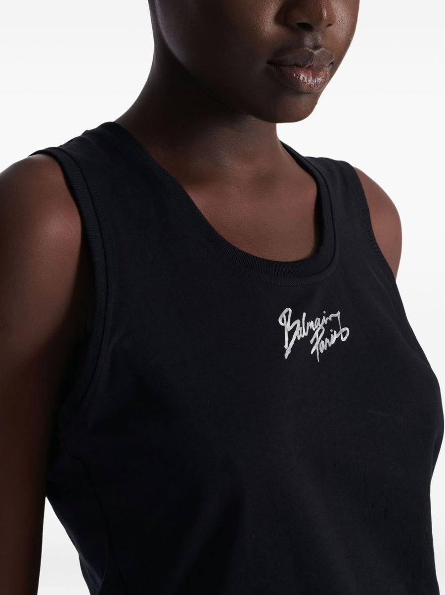 Balmain Logo Cotton Tank Top For Women Organic Black Cotton Round Neck Sleeveless Brush Print Logo Minimal Luxury