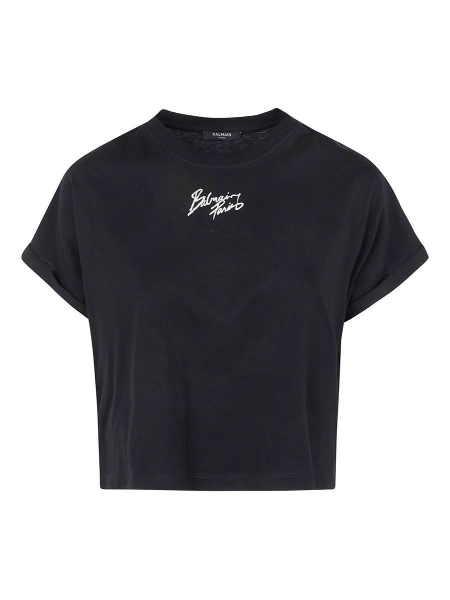Balmain Logo Cotton Cropped Tee For Women Iconic Hundred Percent Cotton Round Neck Black Soft Breathable Everyday Wear
