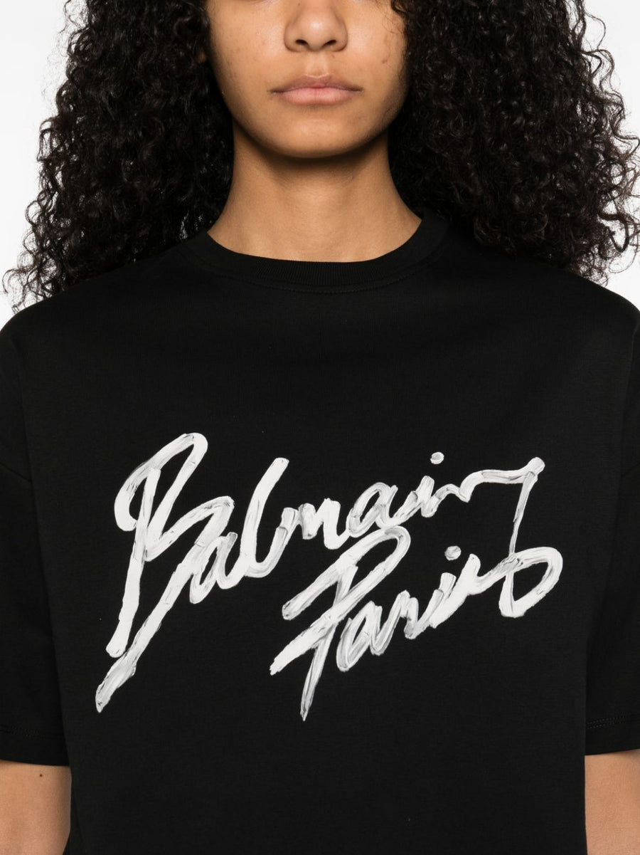 Balmain Cropped T Shirt With Flocked Letter Logo For Women Luxury Graphic Tee Topwear