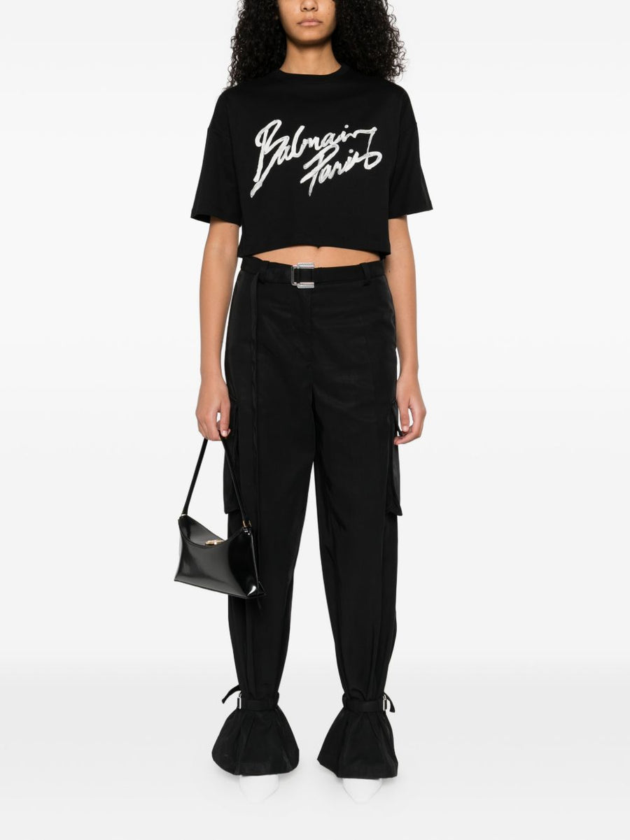 Balmain Cropped T Shirt With Flocked Letter Logo For Women Luxury Graphic Tee Topwear