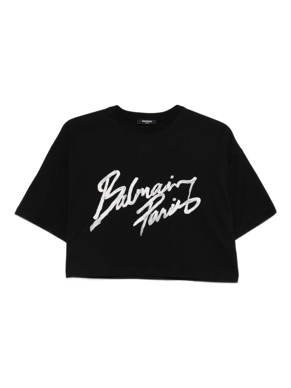 Balmain Cropped T Shirt With Flocked Letter Logo For Women Luxury Graphic Tee Topwear