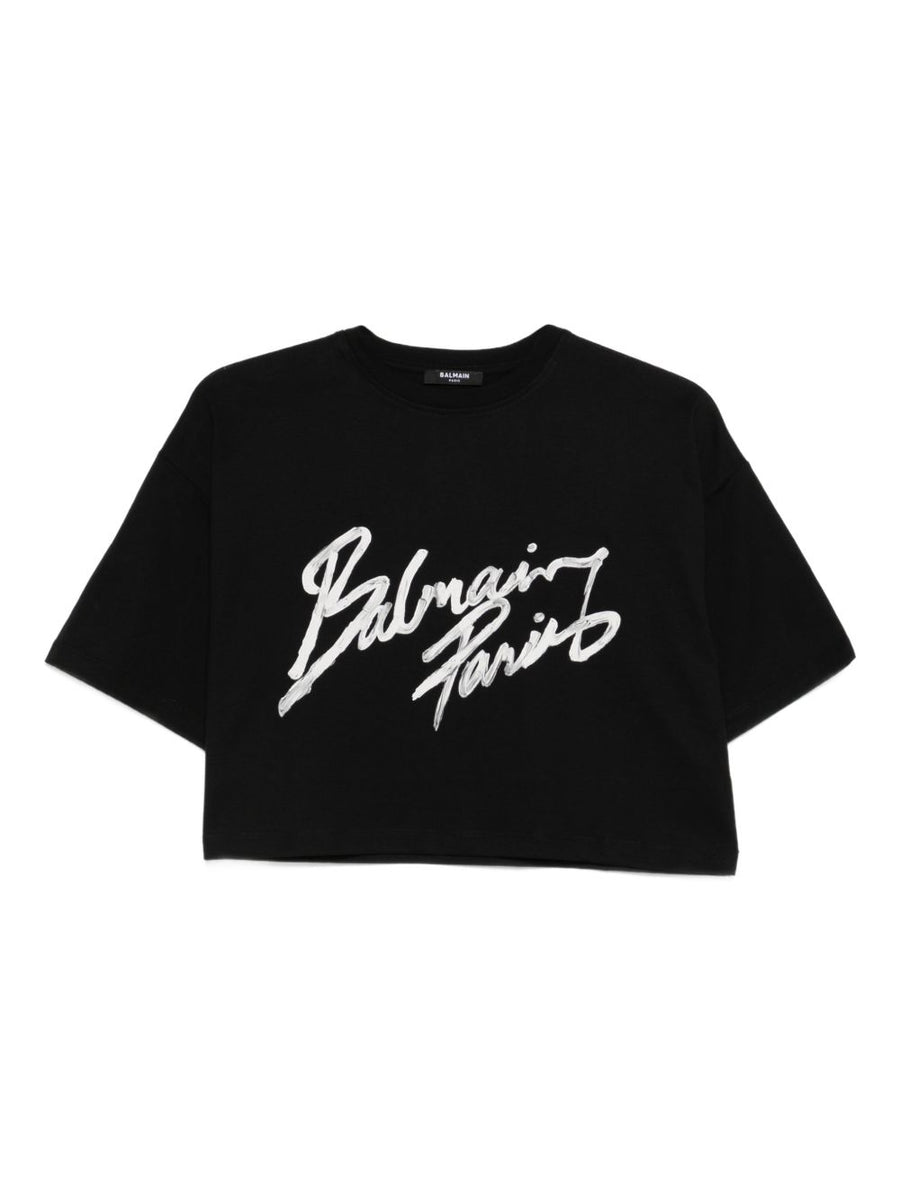 Balmain Cropped T Shirt With Flocked Letter Logo For Women Luxury Graphic Tee Topwear