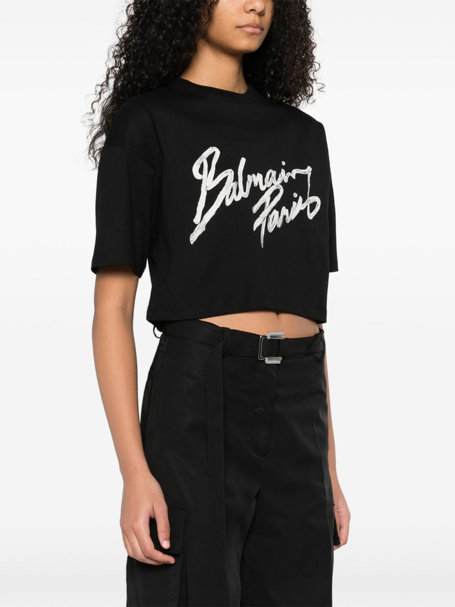 Balmain Cropped T Shirt With Flocked Letter Logo For Women Luxury Graphic Tee Topwear