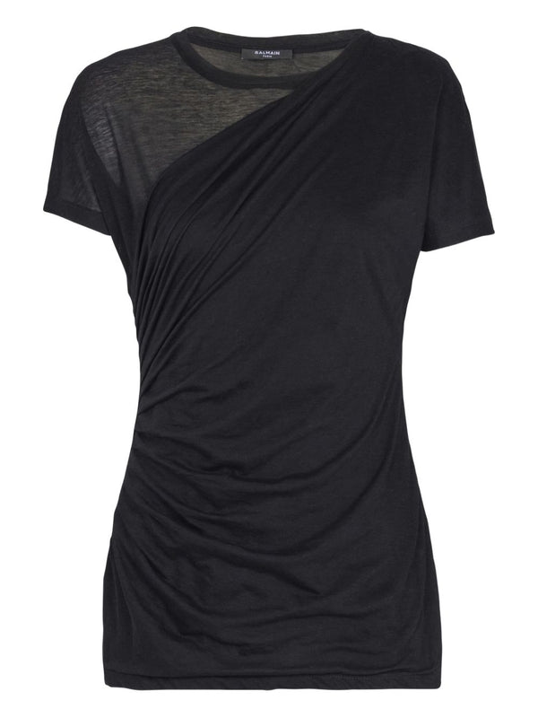 Balmain Draped T Shirt With Gathered Detail For Women Luxury Cotton Top Versatile Elevating Everyday Wardrobe