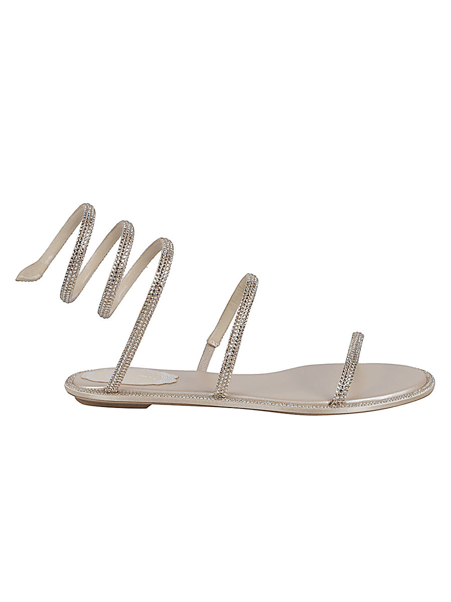 René Caovilla Cleo Satin Flat Sandals Beige With Snake Head Detail