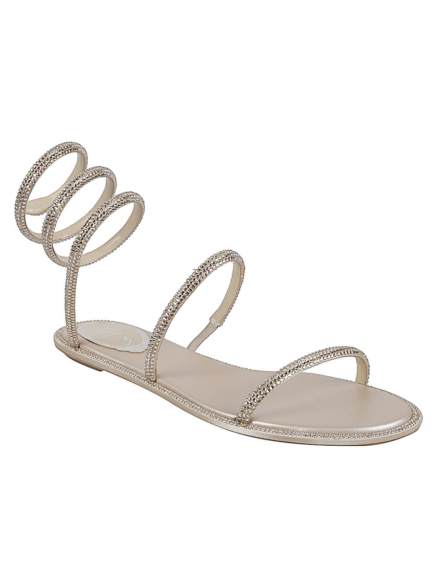 René Caovilla Cleo Satin Flat Sandals Beige With Snake Head Detail