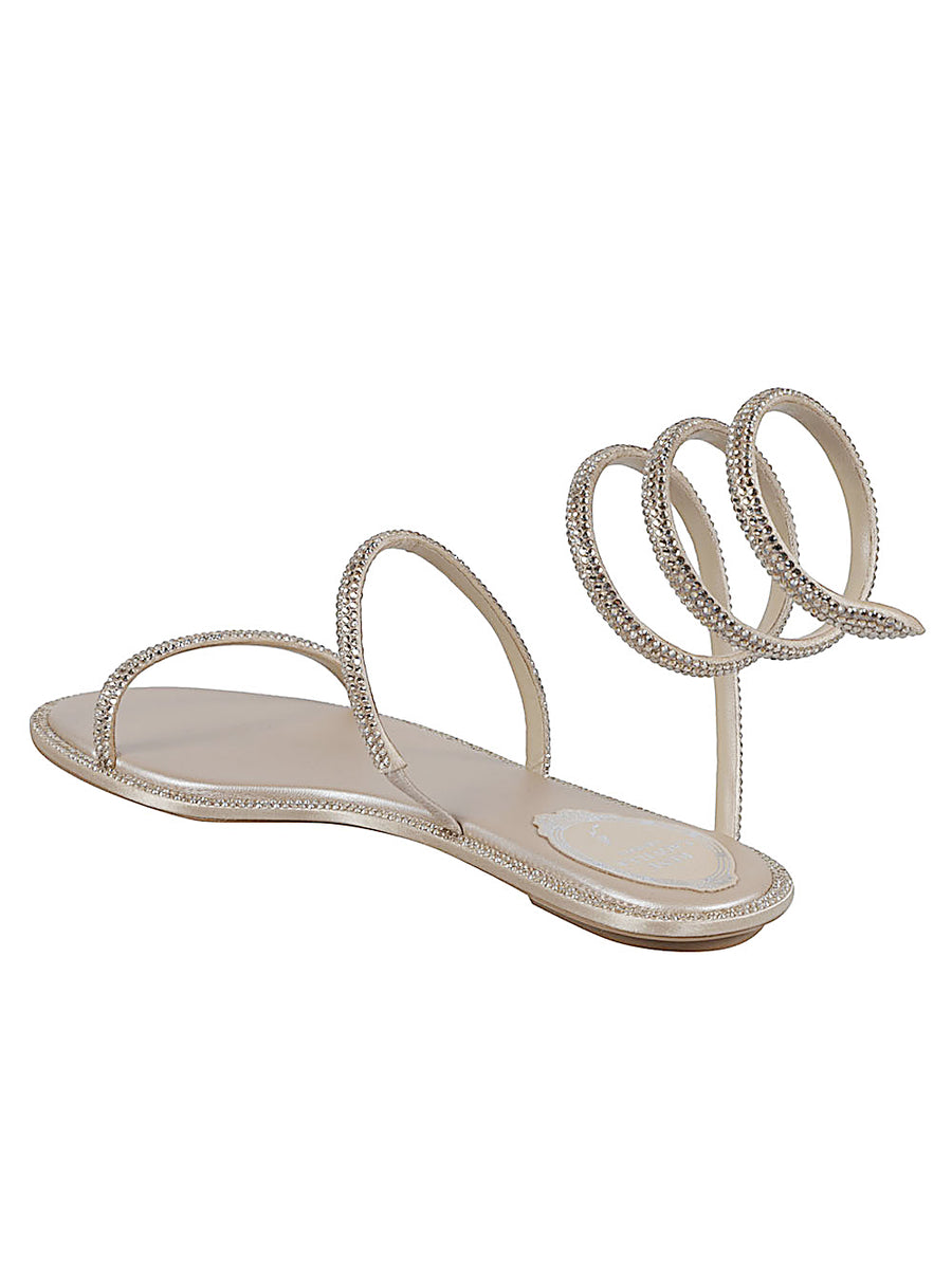 René Caovilla Cleo Satin Flat Sandals Beige With Snake Head Detail