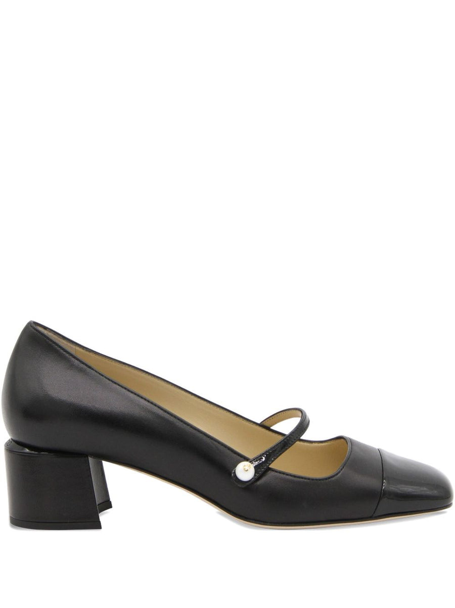 Jimmy Choo Elisa Pumps EU45 Timeless Mary Jane Strap Black Leather Square Toe 4.5 cm Heels For Women