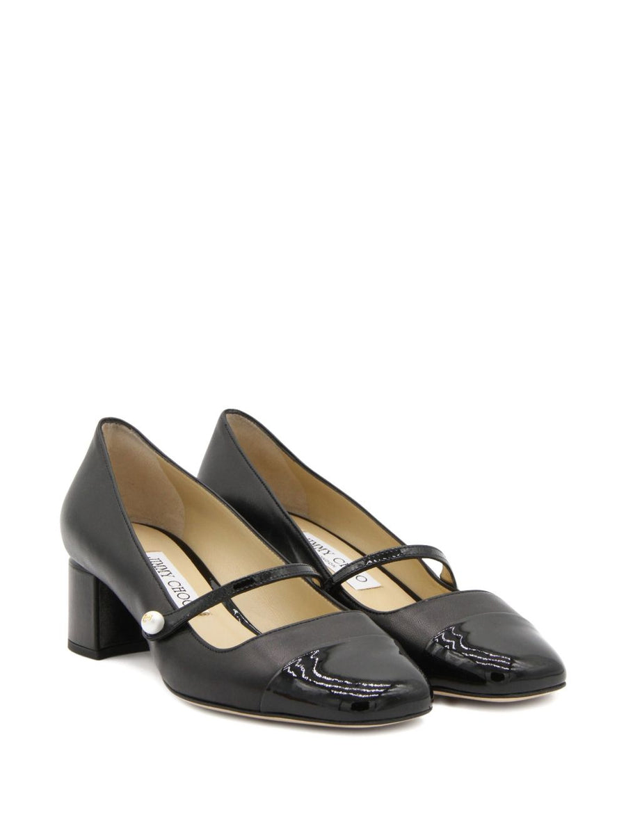 Jimmy Choo Elisa Pumps EU45 Timeless Mary Jane Strap Black Leather Square Toe 4.5 cm Heels For Women