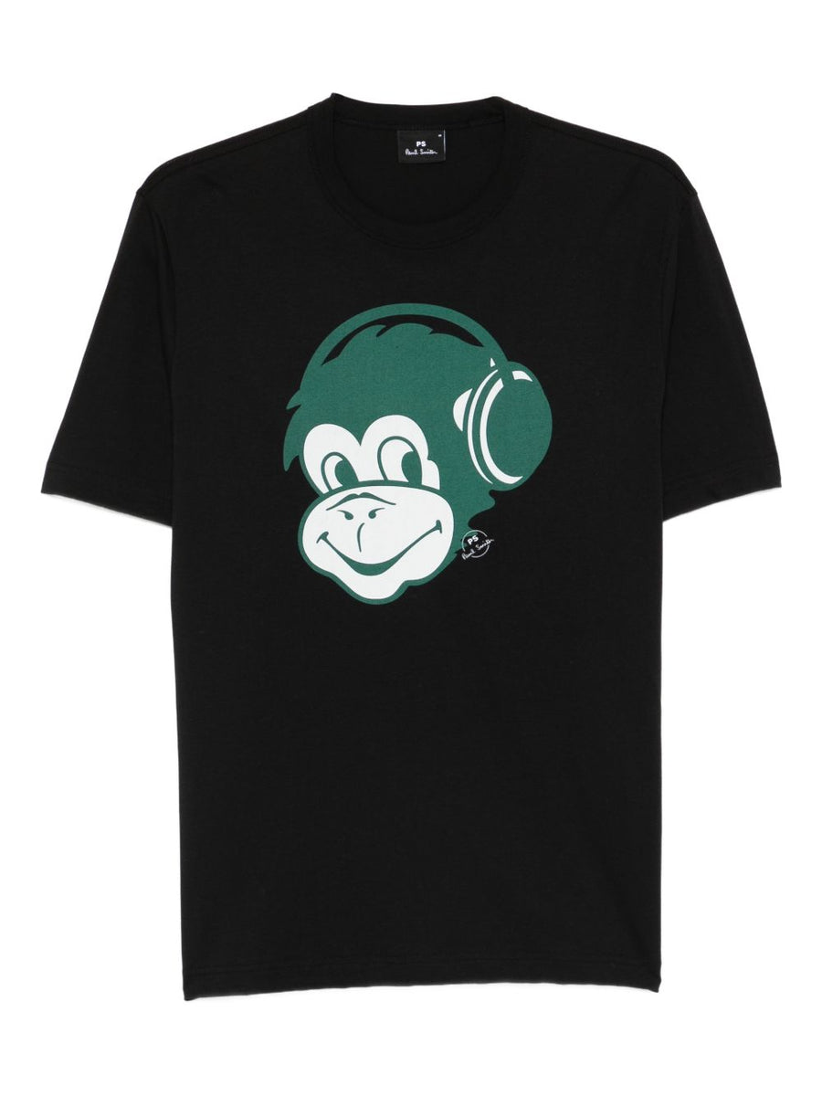 PS By Paul Smith Monkey Headphone Organic Cotton Tee For Men Minimalist Black Crew Neck Edition