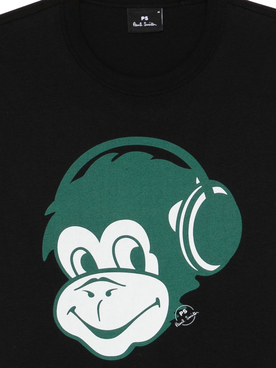 PS By Paul Smith Monkey Headphone Organic Cotton Tee For Men Minimalist Black Crew Neck Edition