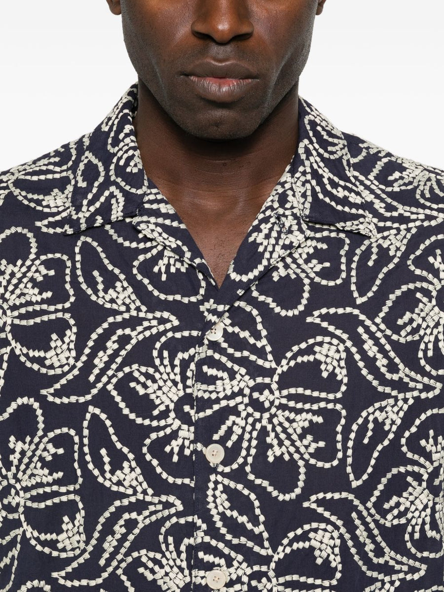 PS By Paul Smith Navy Premium Cotton Blend Printed Shirt For Men With Floral Embroidery And Camp Collar Short Sleeve