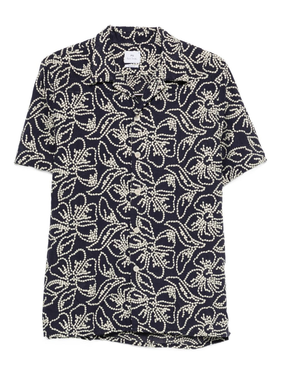 PS By Paul Smith Navy Premium Cotton Blend Printed Shirt For Men With Floral Embroidery And Camp Collar Short Sleeve