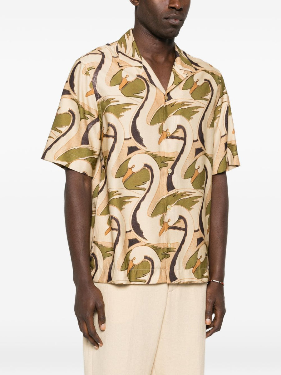 Paul Smith Printed Shirt for Men Camp Collar Short Sleeve with Beige Green Swan Pattern Luxury Designer