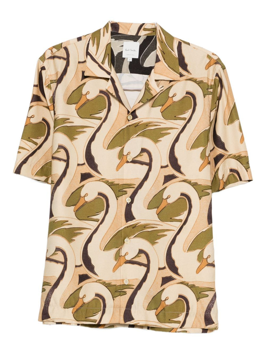 Paul Smith Printed Shirt for Men Camp Collar Short Sleeve with Beige Green Swan Pattern Luxury Designer