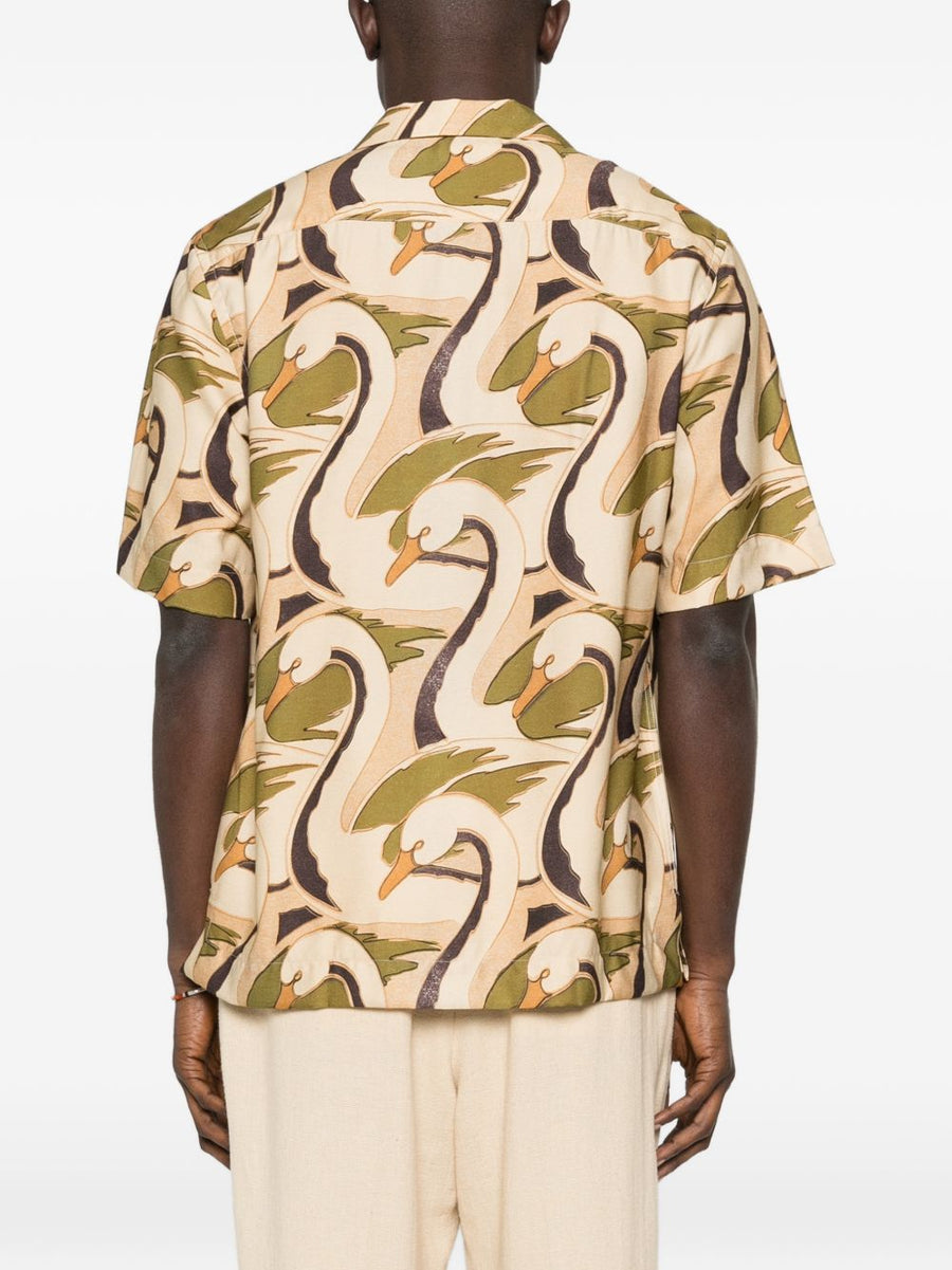 Paul Smith Printed Shirt for Men Camp Collar Short Sleeve with Beige Green Swan Pattern Luxury Designer