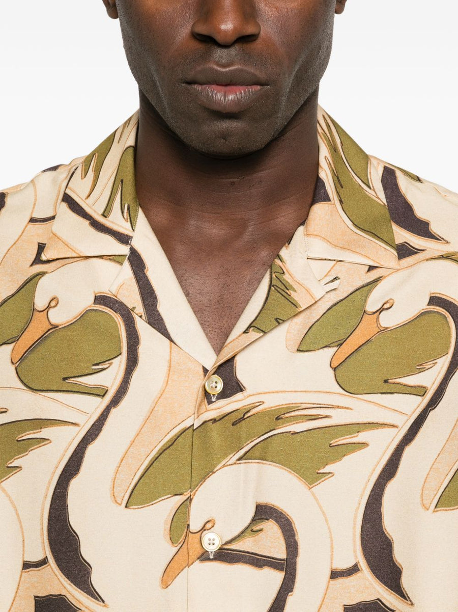 Paul Smith Printed Shirt for Men Camp Collar Short Sleeve with Beige Green Swan Pattern Luxury Designer