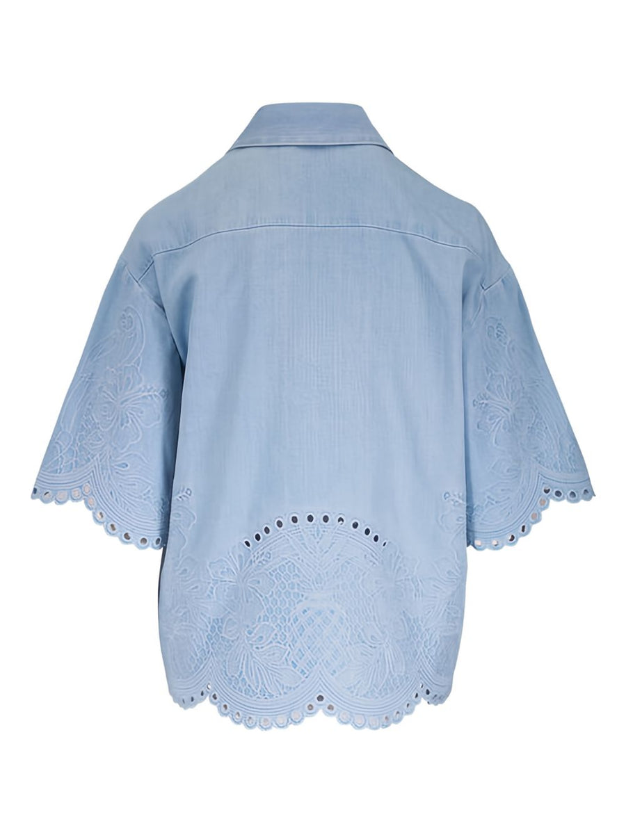 Zimmermann Daylight Denim Shirt Ice Blue With Floral Embroidery For Women Resort Wear