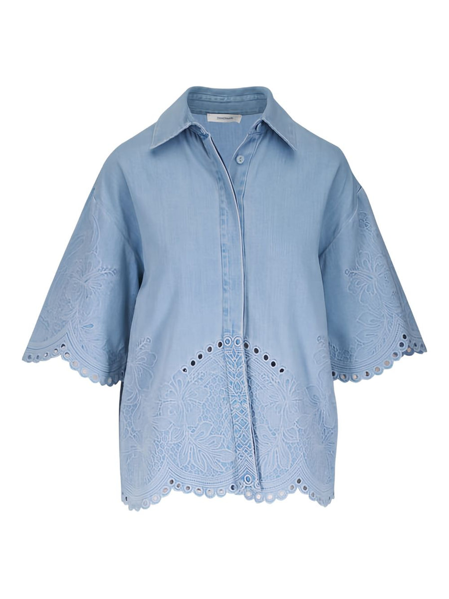 Zimmermann Daylight Denim Shirt Ice Blue With Floral Embroidery For Women Resort Wear