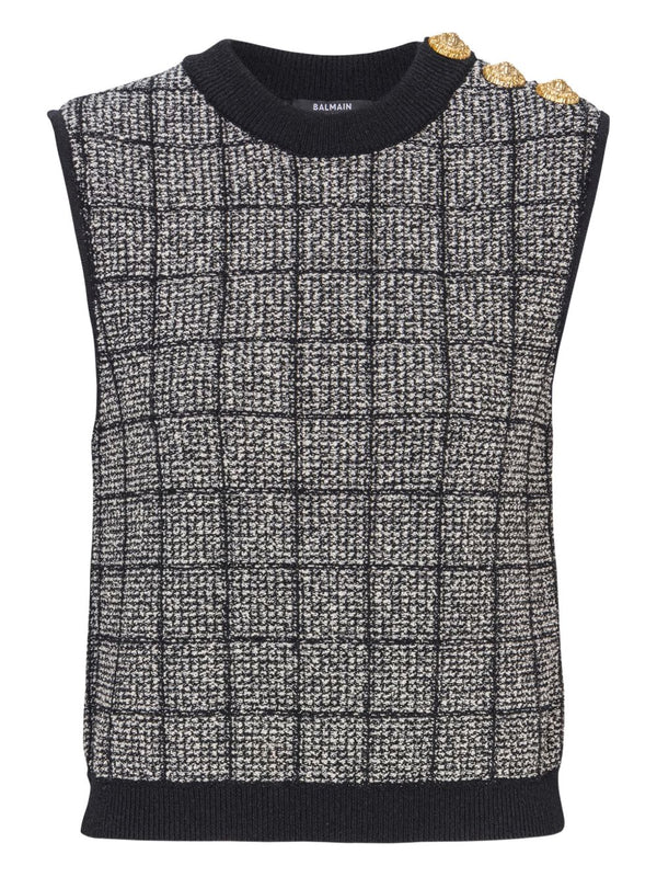 Balmain Tweed Tank Top for Women Luxury Textured Cotton Viscose Sleeveless Crew Neck Button Embellishment