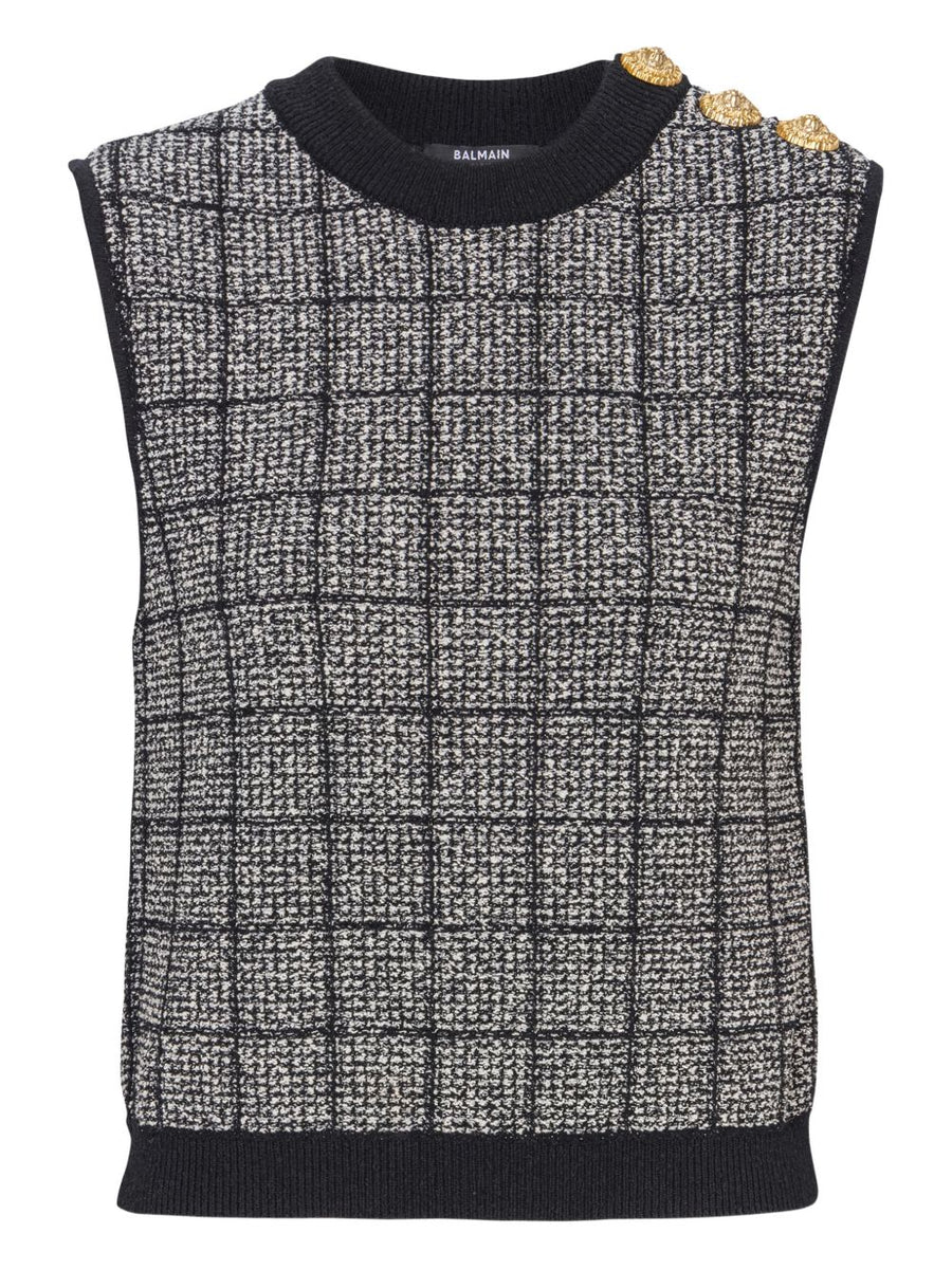 Balmain Tweed Tank Top for Women Luxury Textured Cotton Viscose Sleeveless Crew Neck Button Embellishment