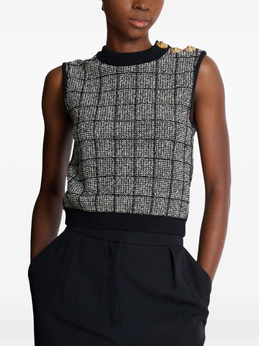 Balmain Tweed Tank Top for Women Luxury Textured Cotton Viscose Sleeveless Crew Neck Button Embellishment