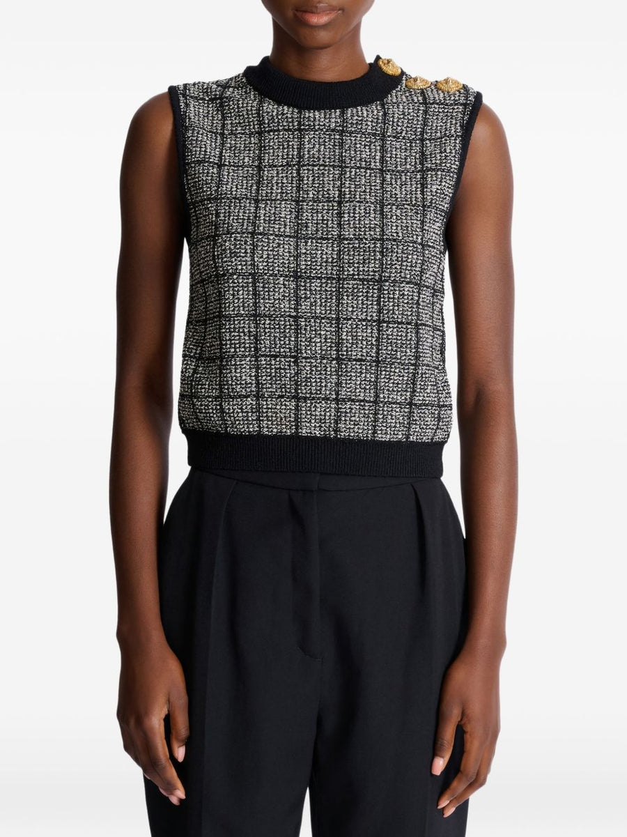 Balmain Tweed Tank Top for Women Luxury Textured Cotton Viscose Sleeveless Crew Neck Button Embellishment