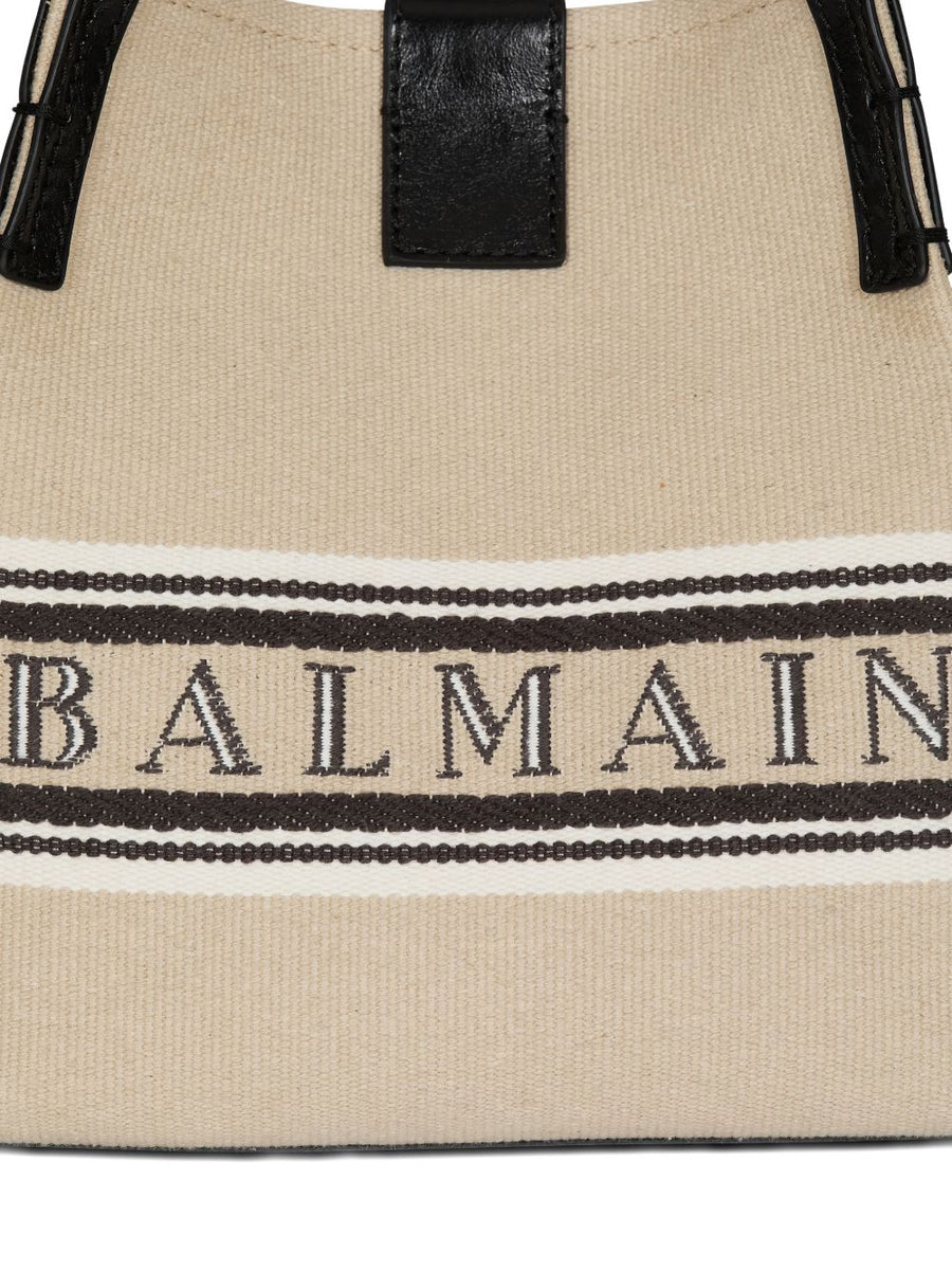 Balmain Bucket Bag Release Beige Canvas And Calfskin With Detachable Strap And Luxurious Top Handle For Women