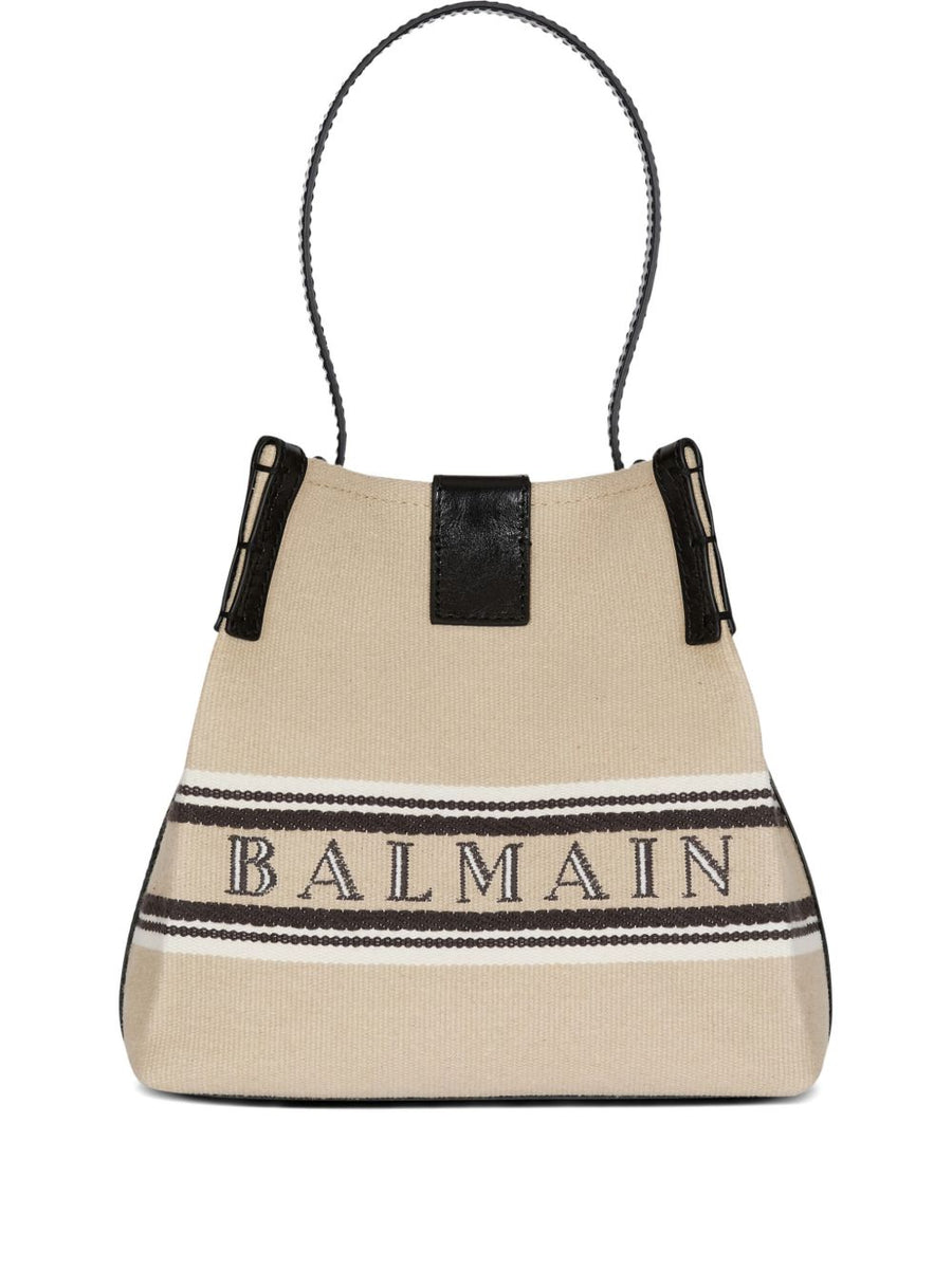 Balmain Bucket Bag Release Beige Canvas And Calfskin With Detachable Strap And Luxurious Top Handle For Women