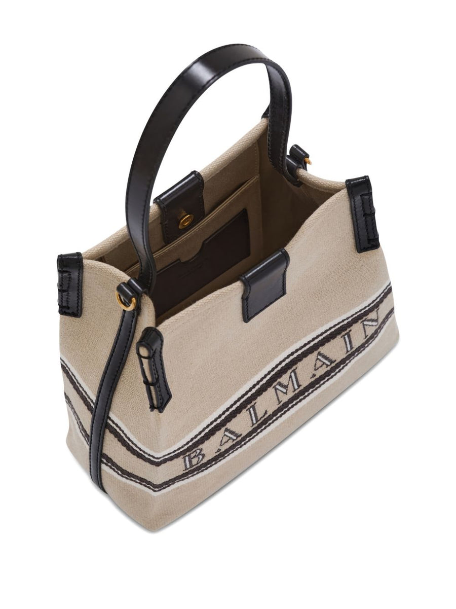Balmain Bucket Bag Release Beige Canvas And Calfskin With Detachable Strap And Luxurious Top Handle For Women
